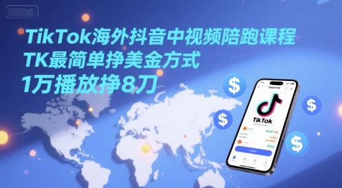 TikTok海外抖音中视频陪跑课程，TK最简单挣美金方式，1万播放挣8刀-学长网络