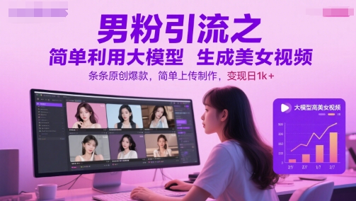 男粉引流之简单利用大模型生成美女视频，条条原创爆款，简单上传制作，变现日1k+-学长网络