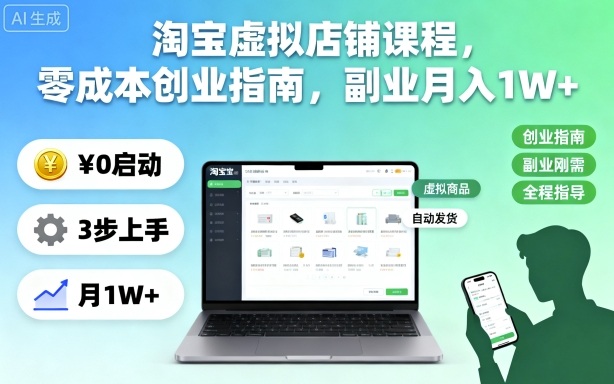 淘宝虚拟店铺课程,零成本创业指南,副业月入1W+-学长网络