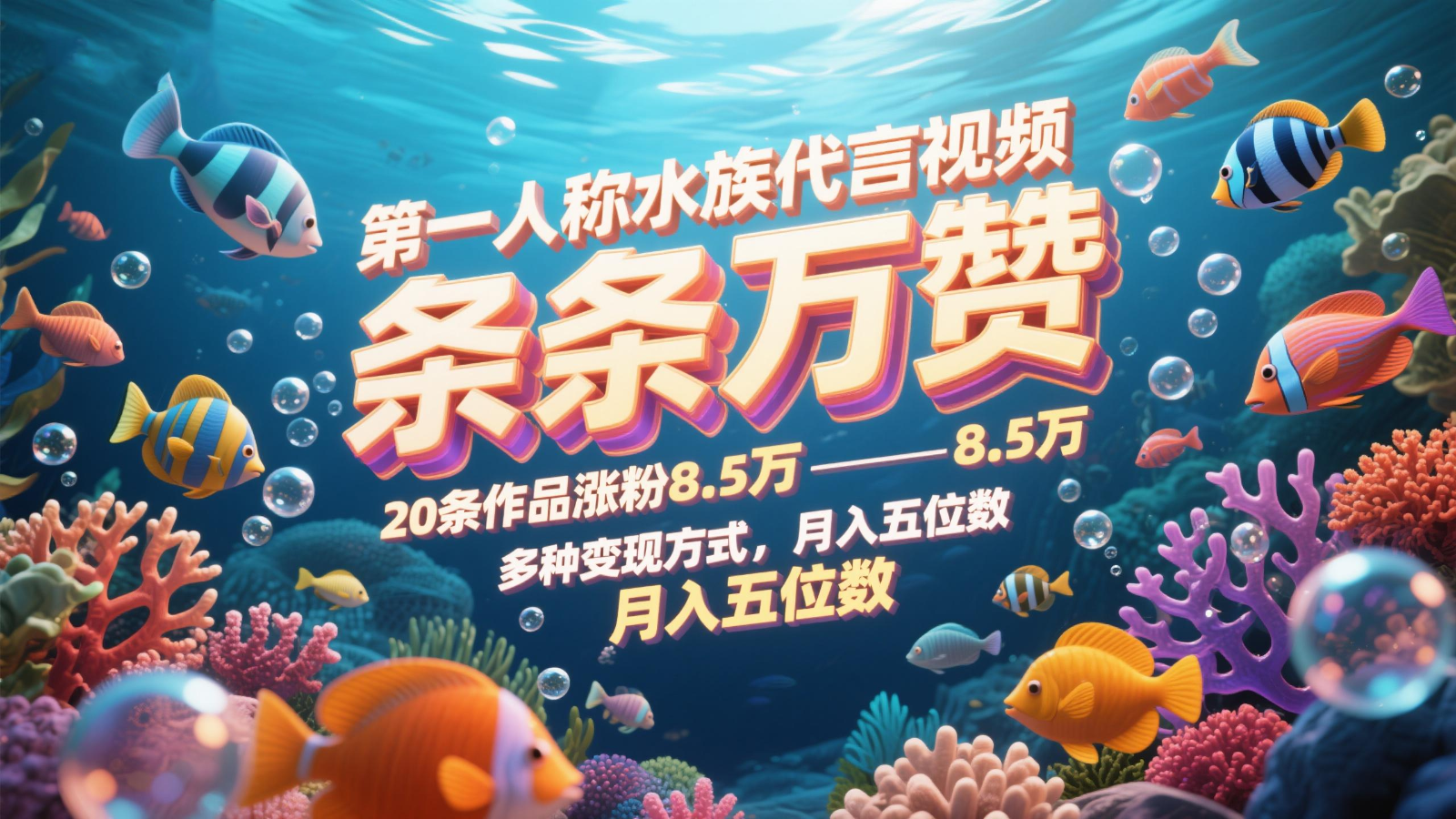 第一人称水族代言视频,条条万赞,20条作品涨粉8.5万,多种变现方式月,入五位数-学长网络