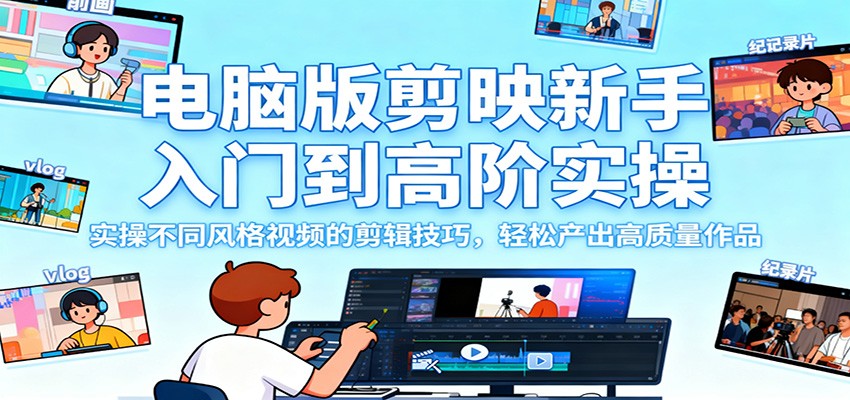 电脑版剪映新手入门到高阶实操，实操不同风格视频的剪辑技巧，轻松产出高质量作品-学长网络