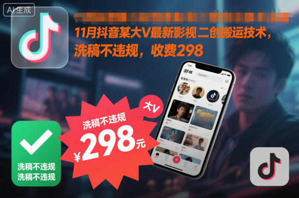 11月抖音某大V最新影视二创搬运技术，洗稿不违规，收费298-学长网络