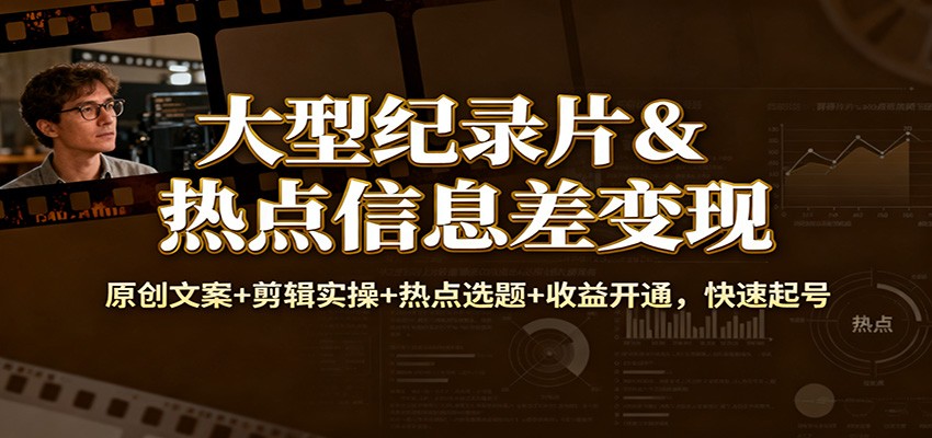 大型纪录片&热点信息差变现：原创文案+剪辑实操+热点选题+收益开通，快速起号-学长网络