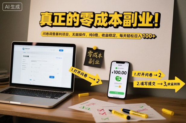 真正的零成本副业！问卷调查暴利项目，无脑操作，纯0撸，收益稳定，每天轻松日入100+【揭秘】-学长网络