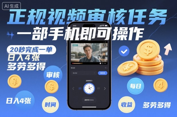 正规视频审核任务，一部手机即可操作，20秒完成一单，日入4张，多劳多得【揭秘】-学长网络