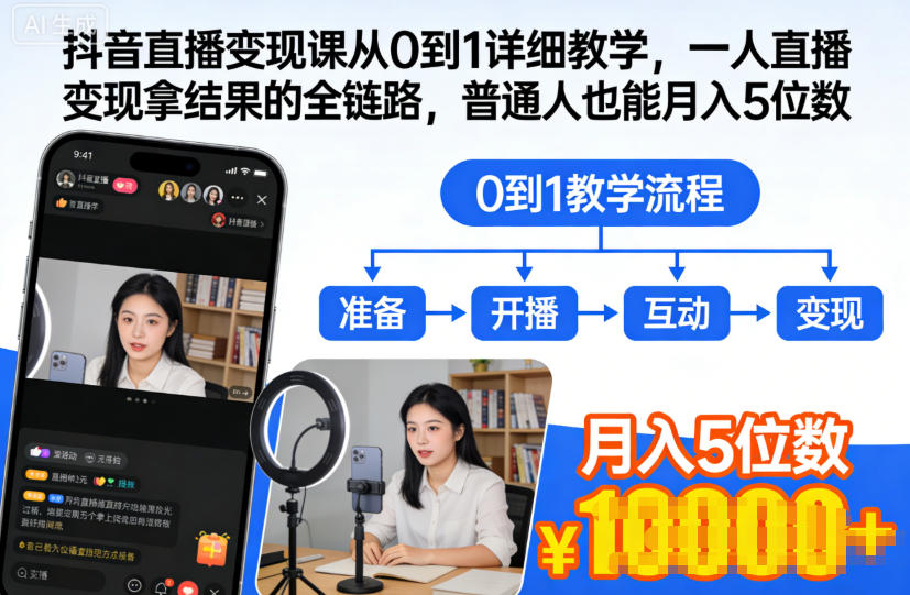 抖音直播变现课从0到1详细教学，一人直播变现拿结果的全链路，普通人也能月入5位数-学长网络