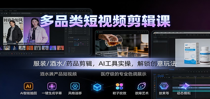 多品类短视频剪辑课：服装/酒水/药品剪辑，AI工具实操，解锁创意玩法-学长网络