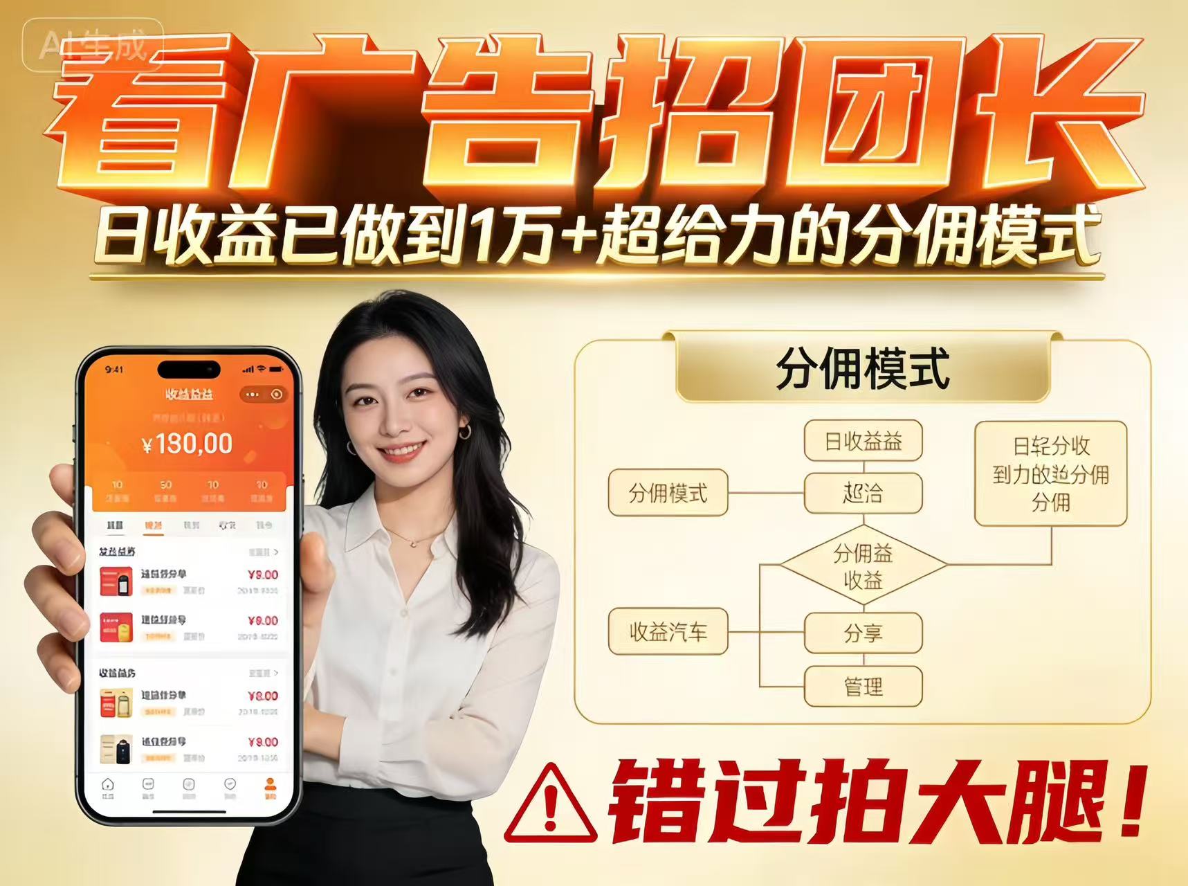 看广告招团长，团队收益已做到日入1万，分佣模式超给力，错过拍大腿-学长网络