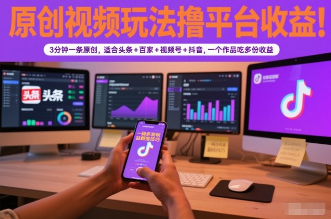 原创视频玩法撸平台收益，3分钟一条原创，适合头条+百家+视频号+抖音，一个作品吃多份收益-学长网络