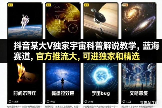 抖音某大V独家宇宙科普解说教学，蓝海赛道，官方推流大，可进独家和精选-学长网络