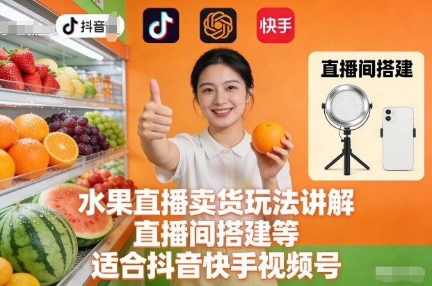 水果直播卖货玩法讲解、直播间搭建等，适合抖音快手视频号-学长网络