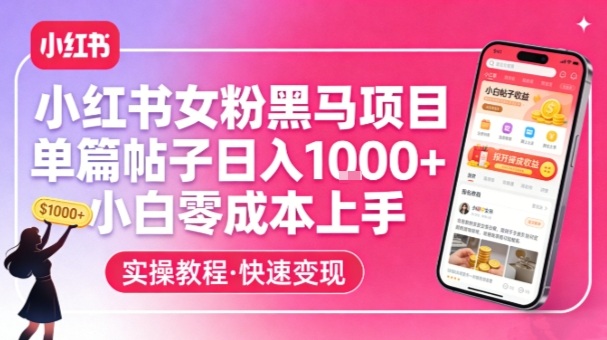 小红书女粉黑马项目，单篇帖子日入1k+，小白零成本上手-学长网络