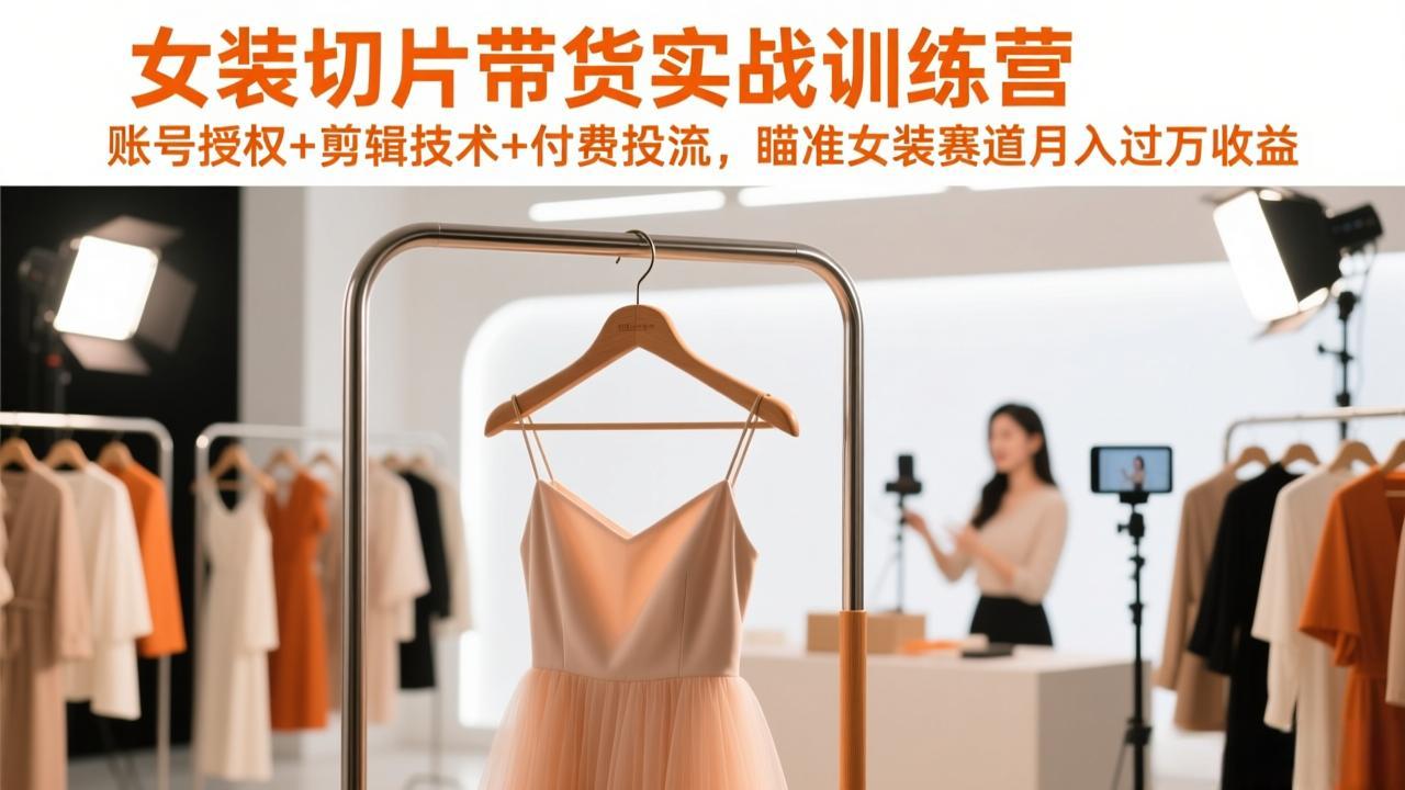 女装切片带货实战训练营，账号授权+剪辑技术+付费投流，瞄准女装赛道月入过万收益-学长网络